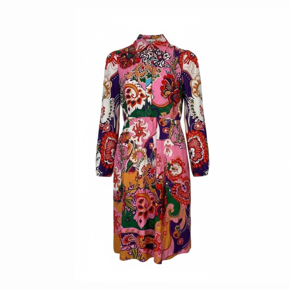 Dalia Macphee multi colored floral paisley button down long sleeve dress
